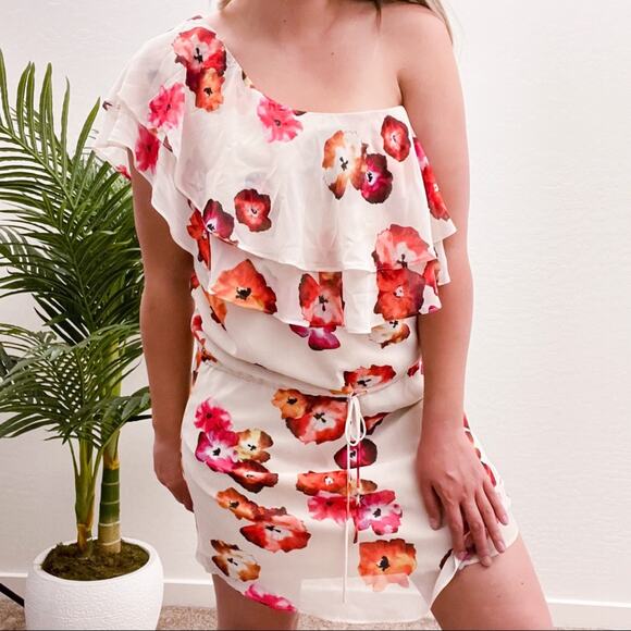 Haute Hippie Floral One Shoulder Dress Ruffle L - Picture 4 of 6